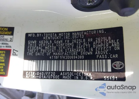 2013 Toyota Camry Se from USA, damaged, VIN 4T1BF1FK3DU694389
